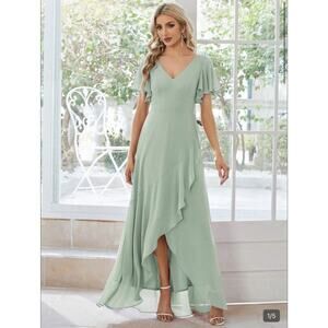 Wmns Sage Green Butterfly Sleeve Wrap Hem Chiffon Formal Bridesmaid Dress L